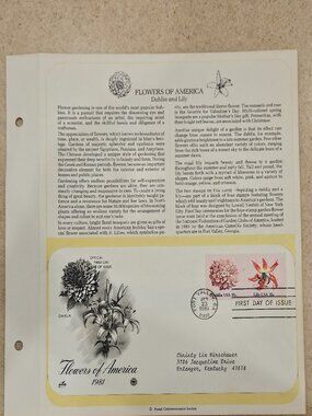 RARE COLLECTIBLE USPS 1ST DAY ISSUE COVER FLOWERS OF AMERICA DAHLIA LILY STAMP